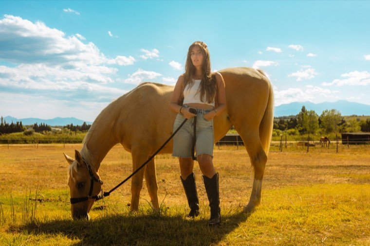 Alice et un cheval dans la lumière dorée
